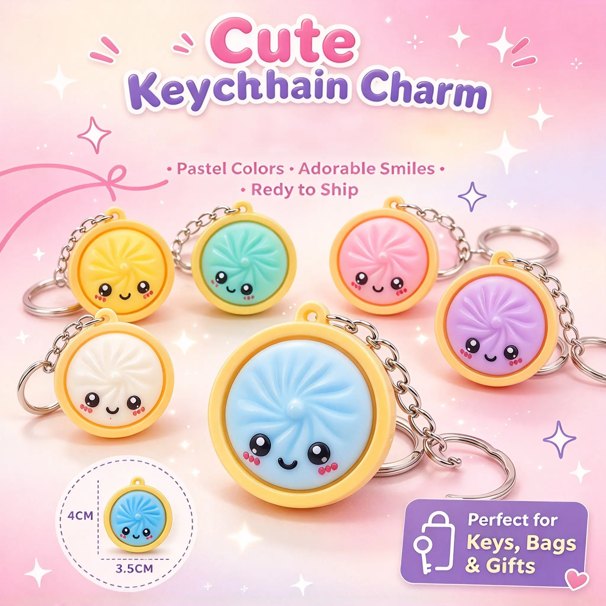 Cute Kawaii Keychain 3-Pack, 6 Pastel Colors, Random Blind Box Surprise, Fidget Toy Gift for Girls