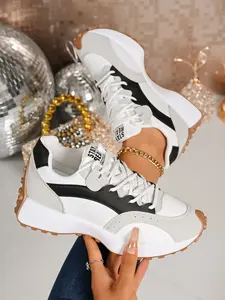 European and American Style Fashion Colorblock Laces Thick Sole Casual Shoes, Sneaker, Athletic, Anti-Slip Lightweight Comfortable Sports Training Shoes