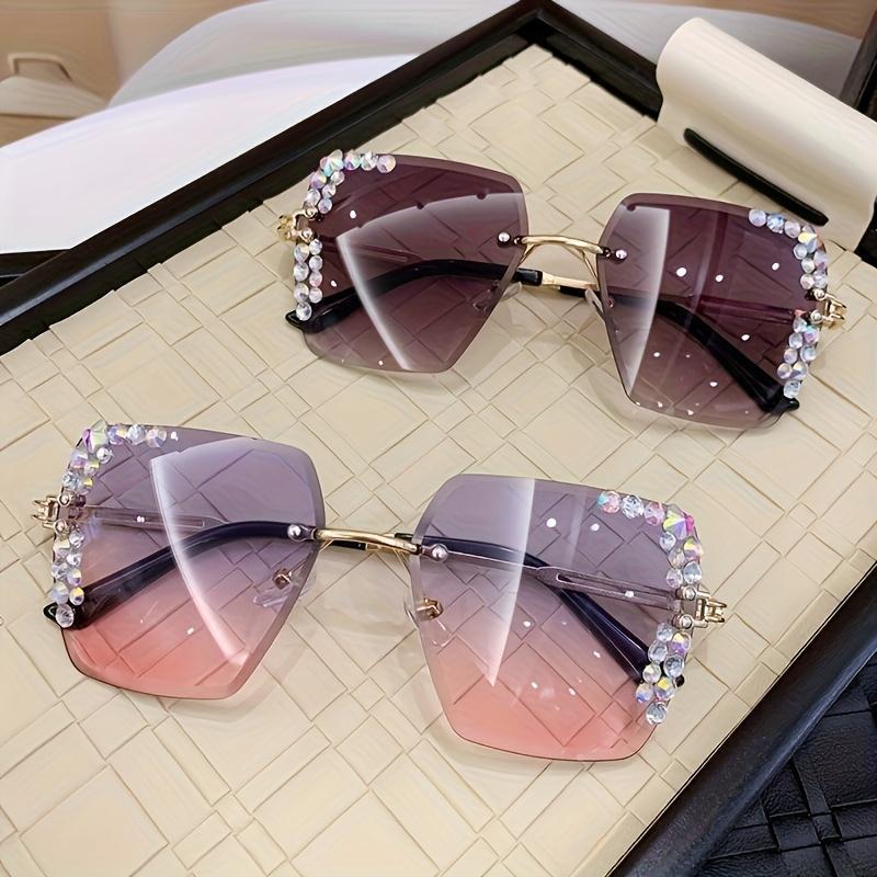 Frameless Gradient Fashion Glasses for Women Pink-Plated Metal Accents Square Lenses Lightweight Eyewear for Casual Outings and Photo Shoots Oversized Aviator Nighttime Yellow Tint Trendy Rectangle Sunglasses Cute Women's Cat Eye Sunglasses