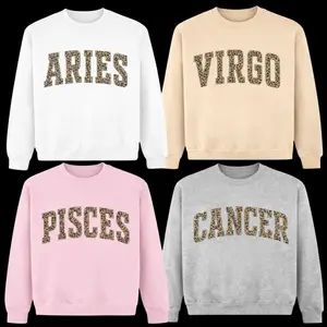 Full 12 Zodiac Leopard Print Sweatshirt – Minimalist Astrology Sign Pullover, Unisex Horoscope Streetwear Gift for White, Sand, Grey Sport, Pink