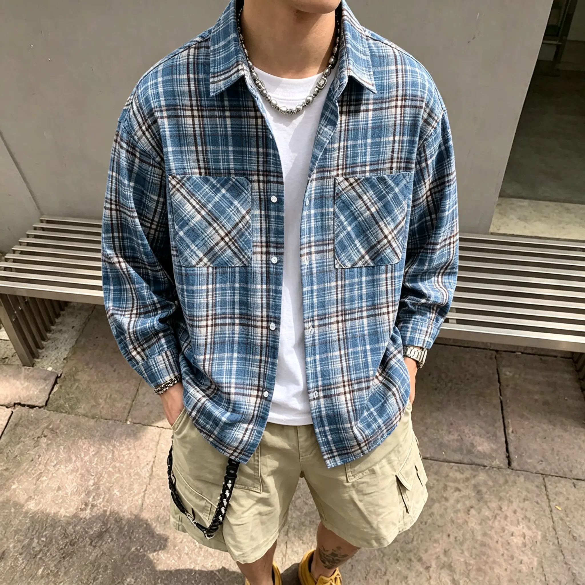Men's Oversized Checked Plaid Long-Sleeve Button-Up Shirt - Menswear Cotton-Poly Blend, Loose-Fit, 2 Pockets, Lightweight Casual Top for Everyday Streetwear
