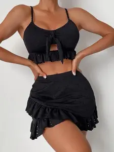 Women's Summer Sexy Backless Halter Top, Plain Fitted Design, Perfect for Beach & Poolwear, Bikini Swimsuits, Halter Bikini Sets, Three-Piece Set, All-Season Wear, Bikini Skirt Set