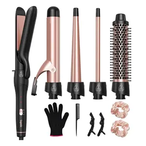 5-in-1 Adjustable Durable Curling Iron Set with Thermal Brush, 4 Interchangeable Ceramic Barrels (0.5-1.5 in), Flat Iron, Fast Heating, Dual Voltage, Women’s Gift