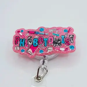 Pink Phlebotomist Glitter Acrylic Retractable Badge ID Reel Belt or Alligator Clip