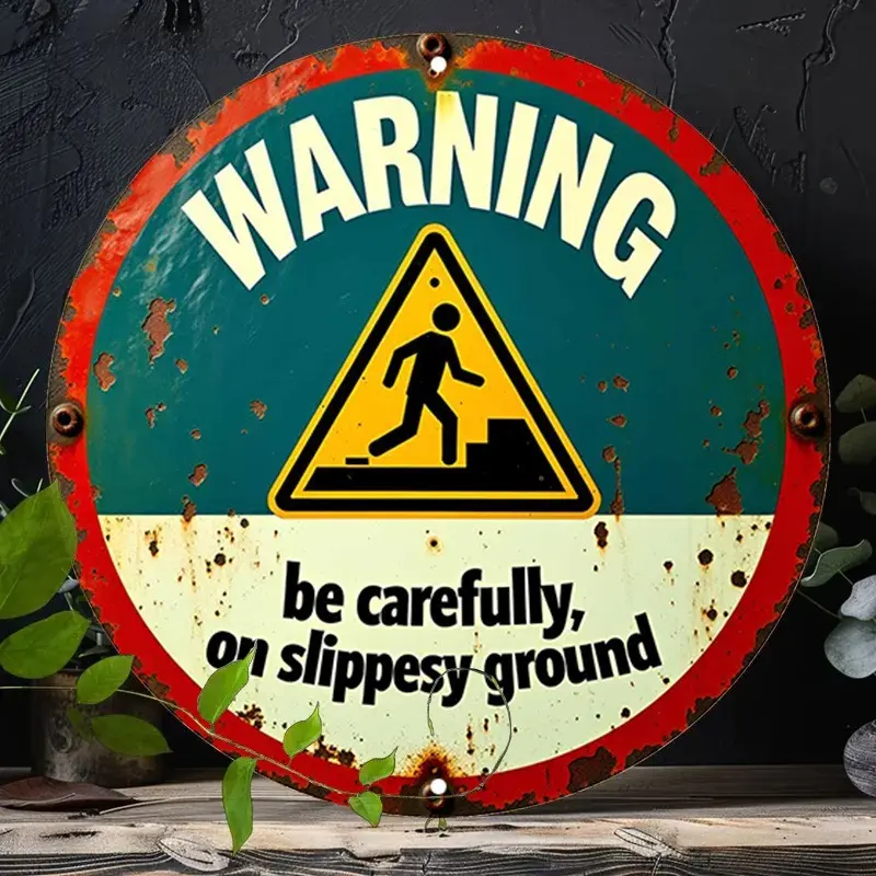 Workplace Safety Round Iron Sign, Industrial Alert Metal Sign - Slippery Hazard Rustic Metal Wall Art, Warning Sign 8*8in Round Sign, Metal Wall Decor, Wall Decor Signs for Home, Garage, Dining Room, Cafe