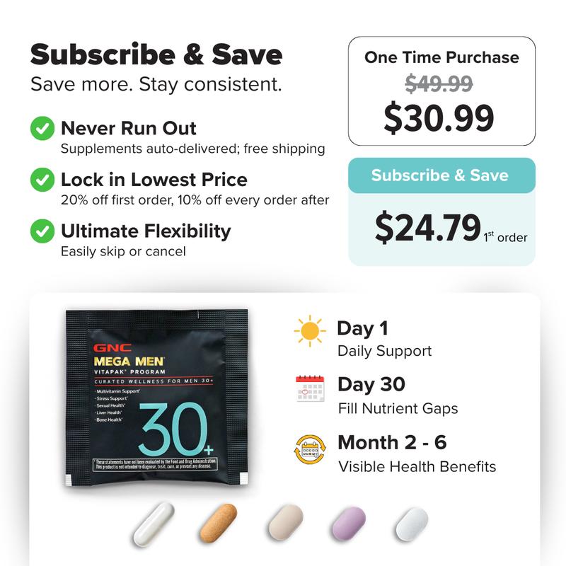 GNC Mega Men's 30+ Vitapak, 5-in-1, Multivitamin, Stress & Bone Support, 30 Count, Healthcare, Edible Dietary Supplement, Overall Wellness, Fitness, Jumpstart
