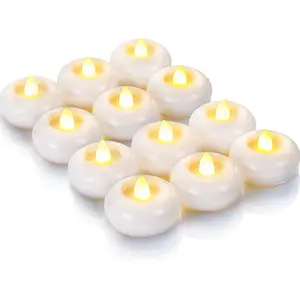2" Flameless Led Floating Candles, 200 Hour Plastic  Operated Flickering  Tealights for Cylinder Vases, Centerpieces at Wedding, Party, Pool, Holiday (12 Pack, White Base)