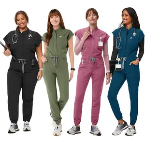 European & American Style Jumpsuit Set — High-Quality Surgical Gowns for Hand Washing, Operating Room Workwear, Women’s Zip-Up Polyester/Rayon/Spandex Uniforms (Gamis), Model 42166-Bean, Green, Basic Minimalist Tracksuits, Men’s Formal