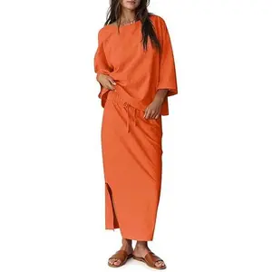 Tankaneo Womens 2 Piece Outfits Fall Skirt Sets Oversized 3/4 Sleeve Top and Maxi Skirt Vacation Matching Lounge Set