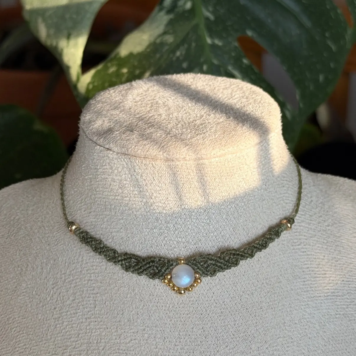 Handmade Moonstone Macrame Choker with Gold Beads, Round Moonstone Pendant Necklace, Olive Green Cord Boho Jewelry Gift for Her