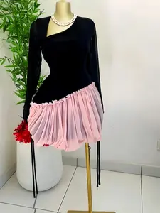 PULKRITU Mesh Ball Gown Pleated Asymmetrical Neck,Women Masquerade Mini Dress, Female Street Holiday Vacation Long Sleeve Prom Dress, Mini Party Outfit Gown,Lady Homecoming Dresses,Music Festival Dress, Formal Wear