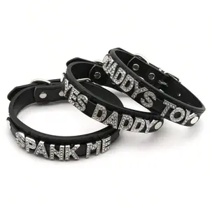 1pc Sexy Accessories Rhinestone Letters PU Leather Choker Collar Men Women Punk Role Age Play Black Leather Chocker  Cosplay Accessories Rhinestone Decorated Jewelry