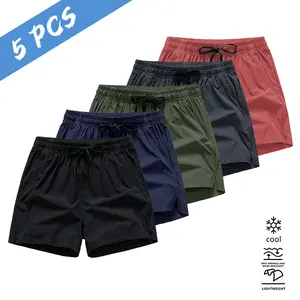 Men’s summer 5-pack cooling casual shorts, highly elastic breathable fabric that doesn’t trap sweat, adjustable drawstring elastic waistband, basic multi-color bottoms for everyday wear.