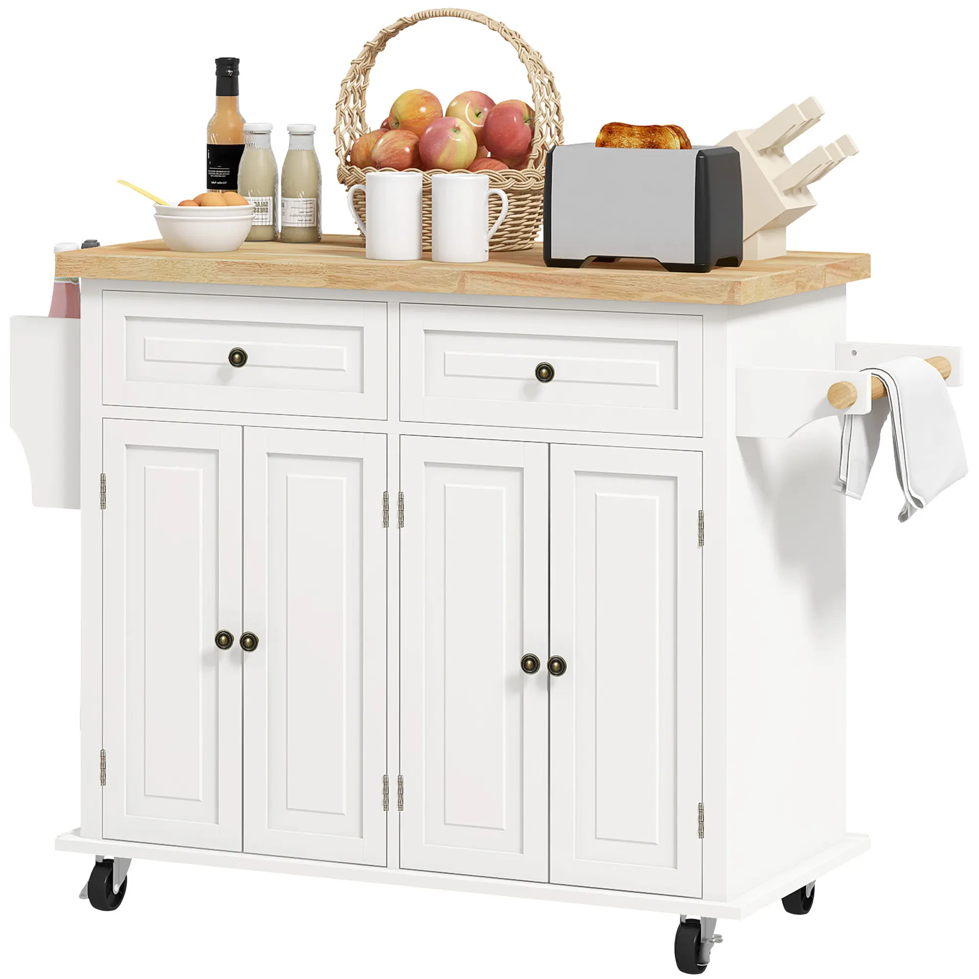 Cream White Rolling Kitchen Island Cart with Rubberwood Top, Wheels, Spice Rack, Towel Rack, and Drawers – Indoor Floor Cabinet Furniture