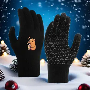 1PC Cute Bear Drinking Bubble Tea Print Gloves Warm Soft Touch Screen Winter Outdoor Gear For Running Skiing Unisex 2025 Limited Edition Trendy Stylish With Non Slip Palm Design For Adults