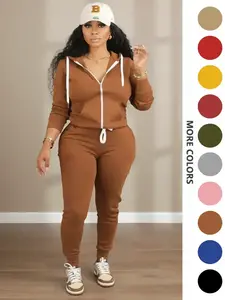 Two-Piece Set Women's Solid Zip Up Fitted Hoodie & Drawstring Waist Pants, Casual Long Sleeve Hooded Sweatshirt & Pocket Trousers for Spring & Fall, Women's Clothes for Daily Wear