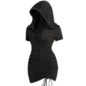 Plus Size Women’s Gothic Hooded Dress with Metal Grommet Lacing, Ruched Drawstring Design, Sexy Bodycon Fit for Halloween Party