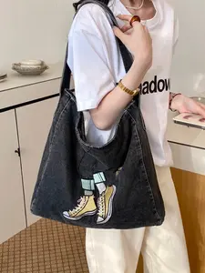 Korean-style fashion, vintage-inspired distressed denim embroidered tote bag, simple and casual large-capacity shoulder handbag.