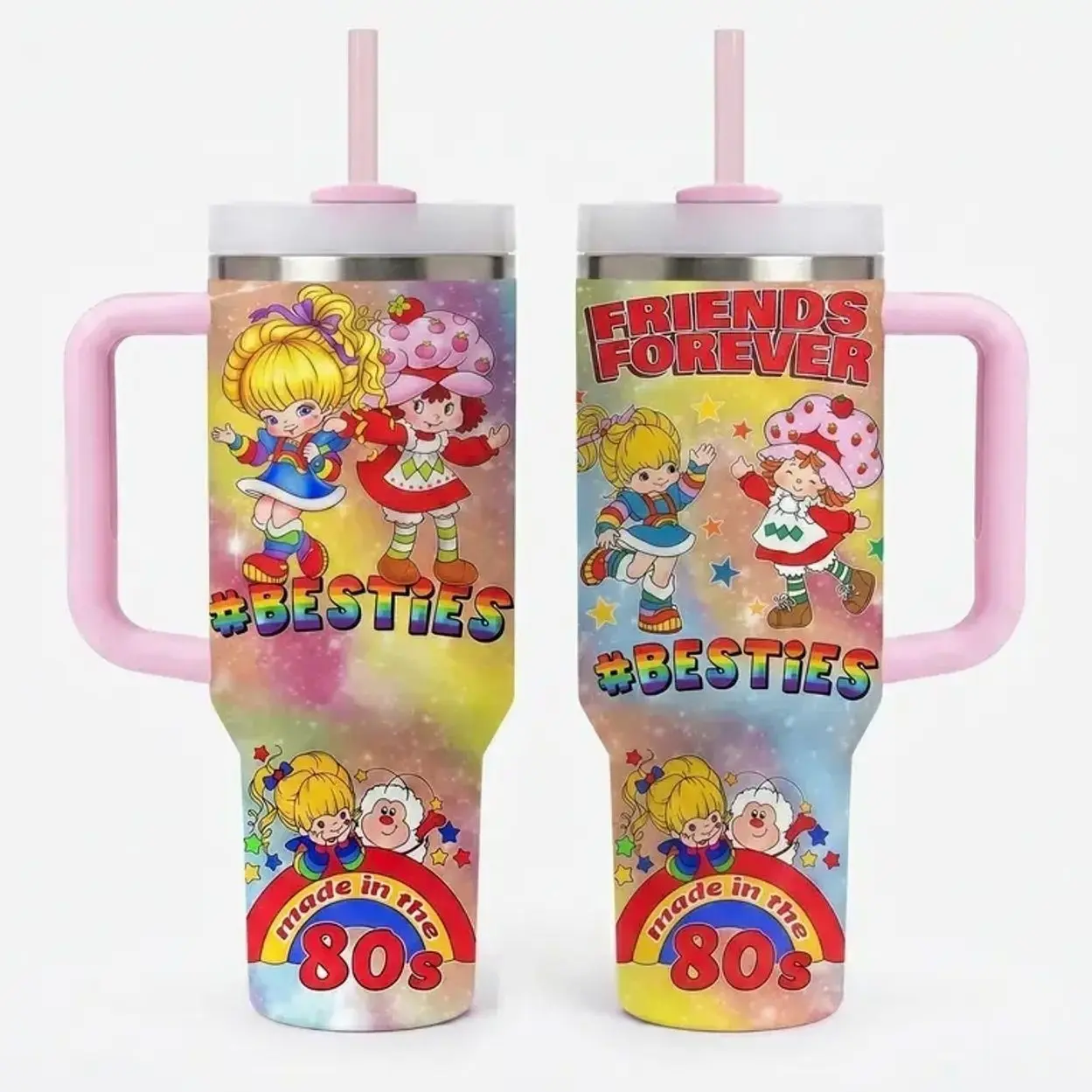 [No Straw] 40oz/ 20oz 80s Cartoon Strawberry & Rainbow Insulated Tumbler with Handle and Straw, Double Wall Vacuum Insulated Travel Mug, Trendy Collector Drinkware