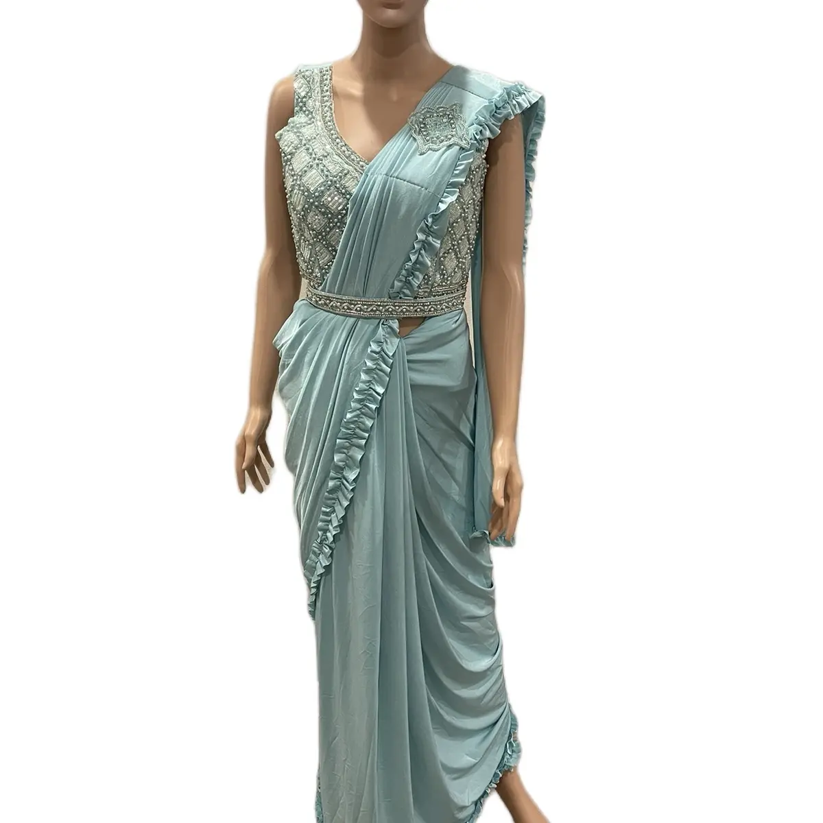 Women's Pre-Draped Saree with Hand-Embroidered Blouse and Belt, Traditional Pleated Design for Party & Wedding Wear, Matching, Women's Clothes, Dress, Embroidery, Hand Embroidery, Overall, 38 Inch Bust