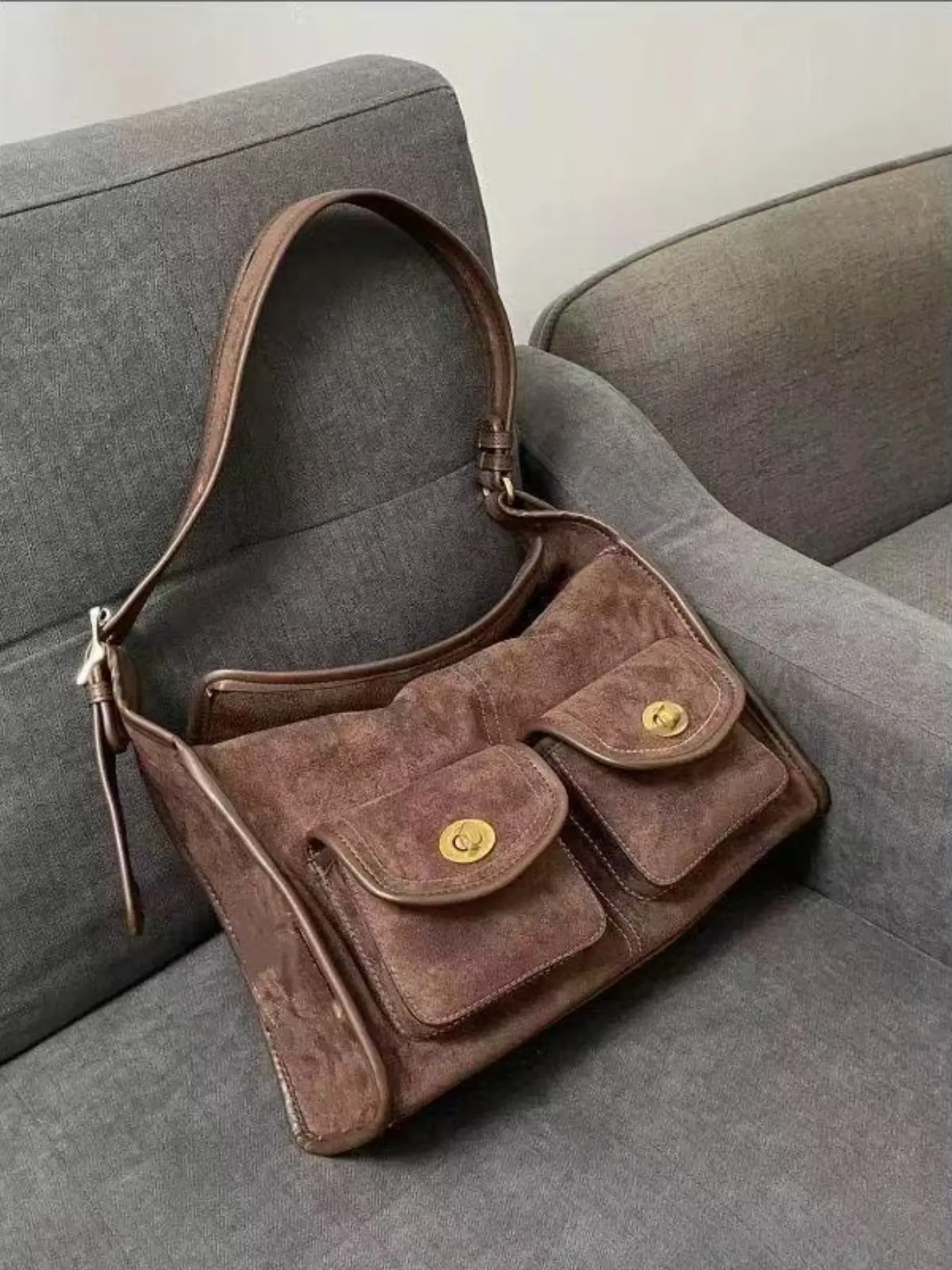 Retro Chocolate Color Suede Tote Bag for Women, Y2K Work Style 