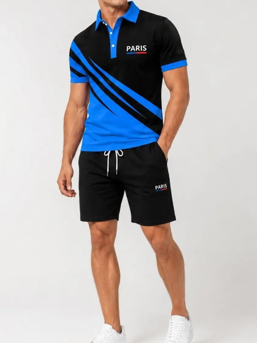 Men's Paris-Themed Matching Polo Tracksuit Set - Breathable Athleisure Sportswear Set, Relaxed Fit Summer Sportswear Clothing for Casual, Outdoor Use