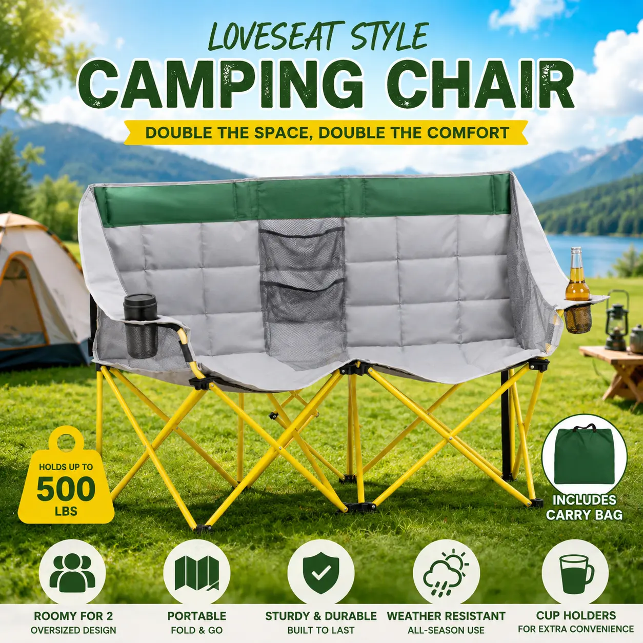 2 Person Folding Camping Chair Double Camp Loveseat with Cup Holders and Storage Pocket Portable Heavy Duty Outdoor Chairs for Beach Fishing Sports Backyard Picnic RV Travel Tailgate Patio Camping Gear