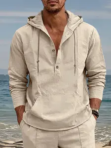 Men's Casual Bright Color Linen Blend Hoodie Henley Shirt & Matching Shorts, Long Sleeve Spring Fall, Fitted O-Type Silhouette, Menswear