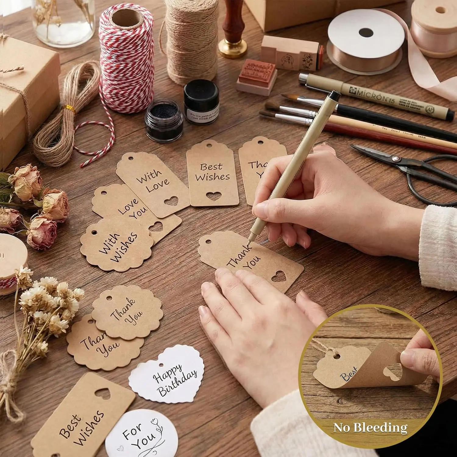 200Pack Gift Tags with String Attached, 3 Different Designs White and Brown Blank Labels Gift Tags with Strings Hanging for Wedding Party Favor