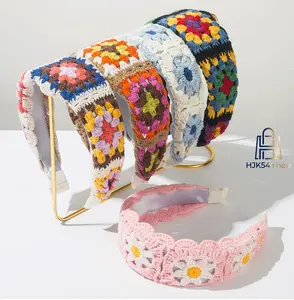 Boho Handmade Crochet Floral Wide Headband Colorful Granny Square Knit Hair Hoop Lined Non Slip Hollow Knitted Headband Vintage Cottagecore Daily Travel Beach Womens Hair Accessories
