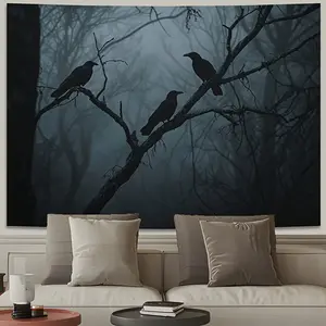 Gothic Crow Tree Wall Tapestry - Misty Forest Design Peach Skin Tapestries with Black Crows, Perfect for Living Room, Bedroom, Office Decor| Spooky Nature-Inspired Wall Art, Party Backdrop| Gothic Style Tapestry| Artistic Wall Hanging, Gothic Home
