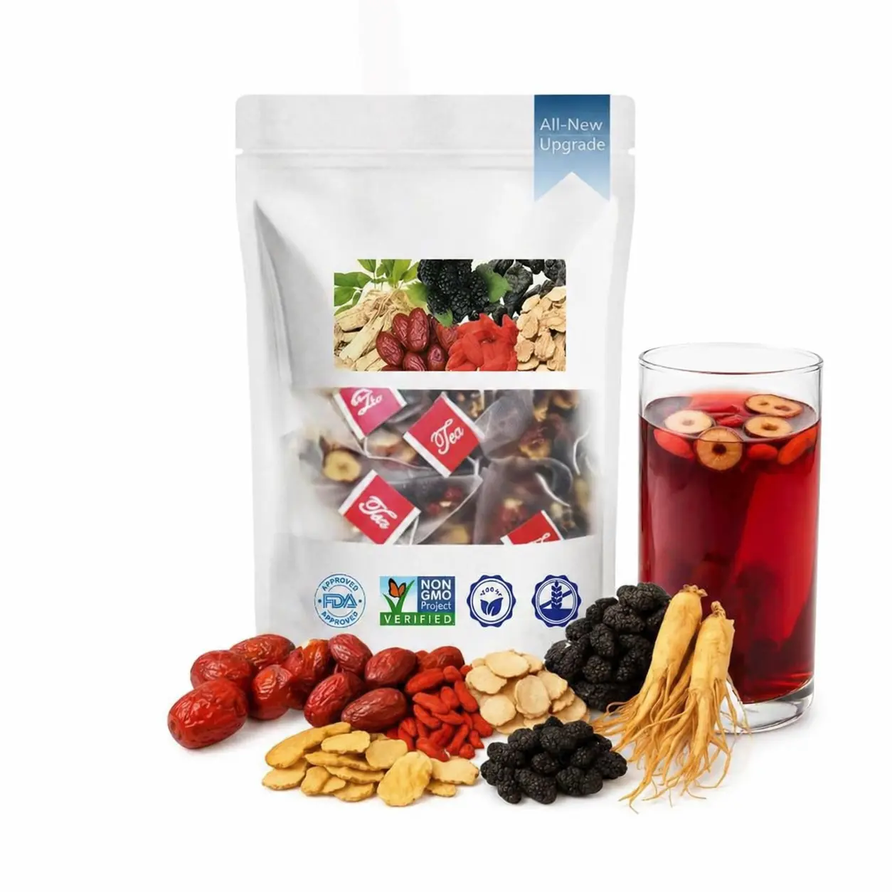 Ginseng Five Treasures Tea - Kidney Cleansing Detox Formula with Red Date, Organic Nature Loose Leaf Ginseng Herbal Tea，Goji Berry & Natural Herbal Ingredients - Value Pack Beverage for Men & Women, Goji, Ginseng