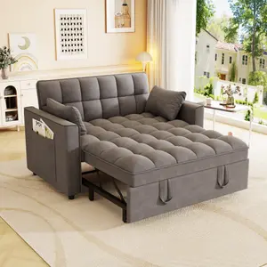 2-Seat Velvet Sofa Bed w/Adjustable Backrest & Side Pockets, Cloud Chair for Living Room, Multifunctional Pull Out Bed – Dark Gray