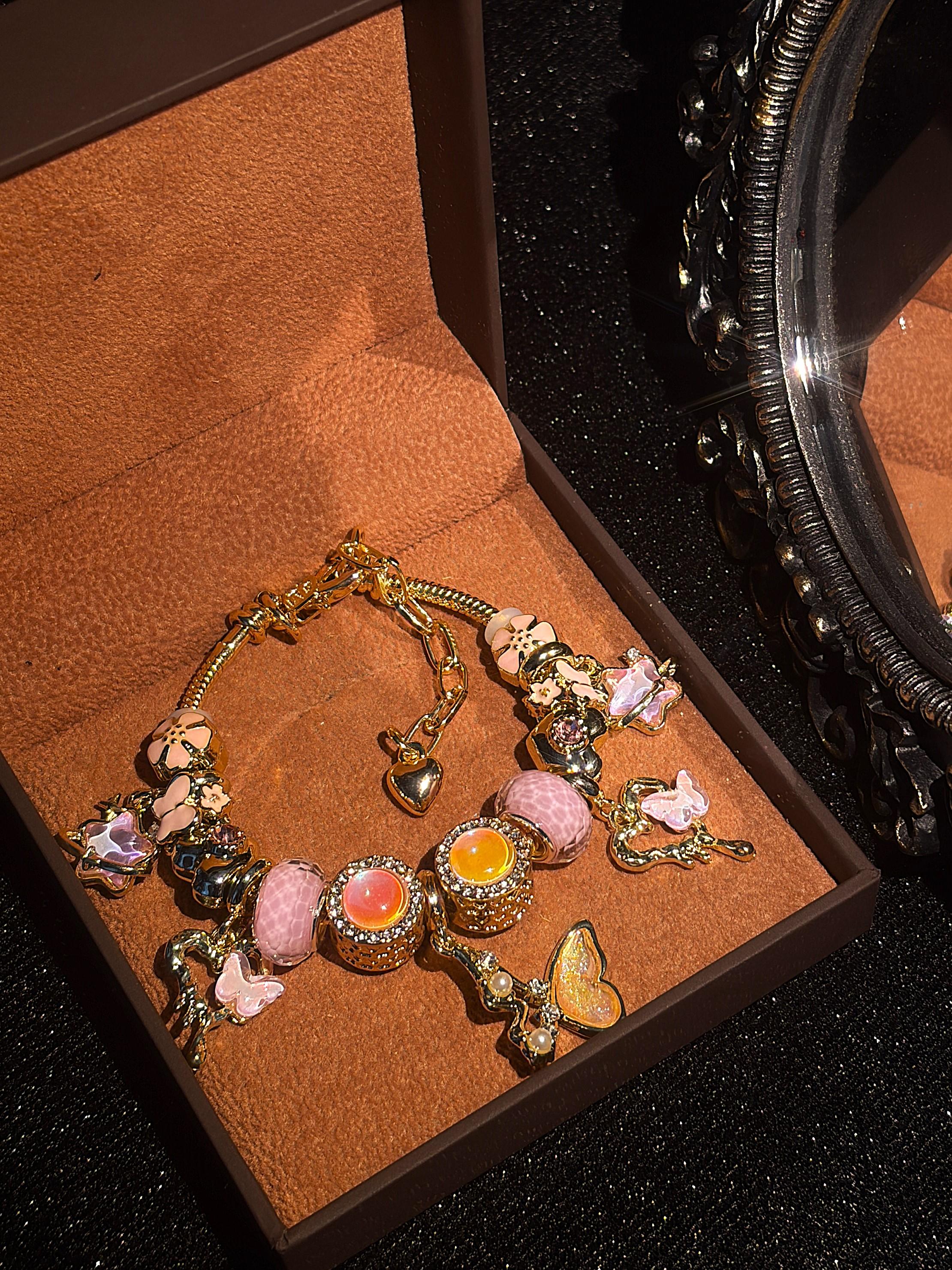 Gold Tone Snake Chain Charm Bracelet - Rhinestone-Inlaid Heart, Butterfly, Star, Flower Dangle Charms - Fashion Multi-Element Beaded Jewelry Gift for Women