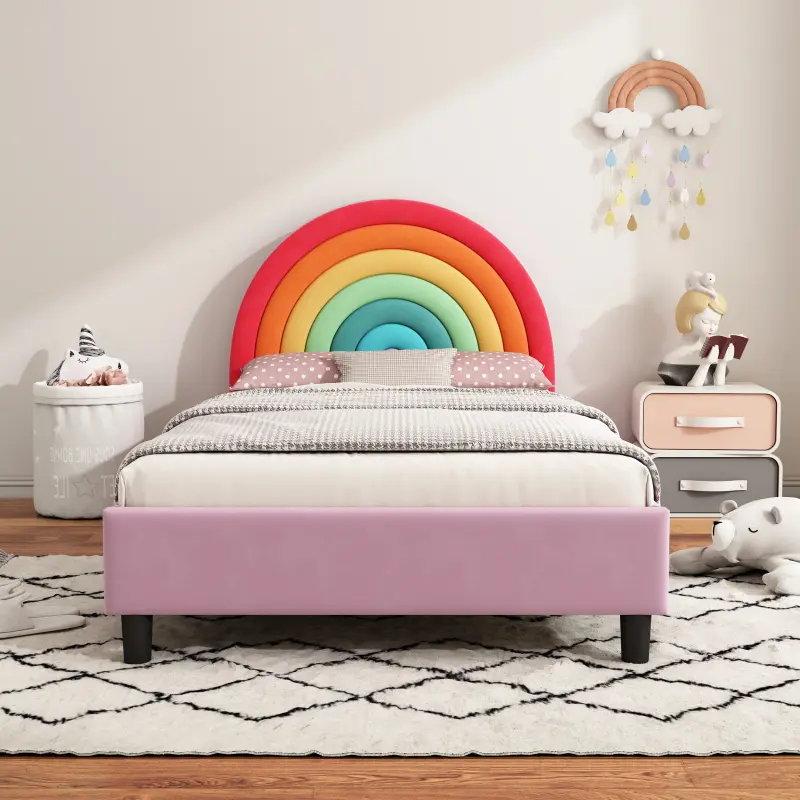 Twin Size Upholstered Platform Bed with Rainbow Shaped Headboard, Cute Style Princess Bed with Reinforced Slats, No Box Spring Needed.for Boys & Girls, Teens, Colorful & Pink