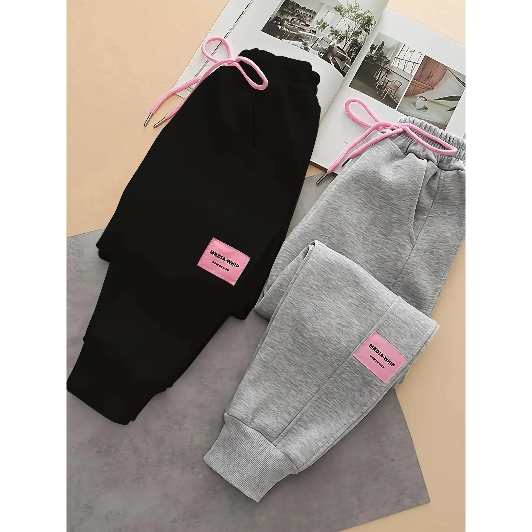 2-Pack Girls' Casual Long Pants with Fake Drawstring, Comfortable Polyester and Spandex Blend, Solid Color, Elastic Waist, All-Season Knit Fabric, Regular Fit for Weekend Casual Wear, for Outdoor-DY