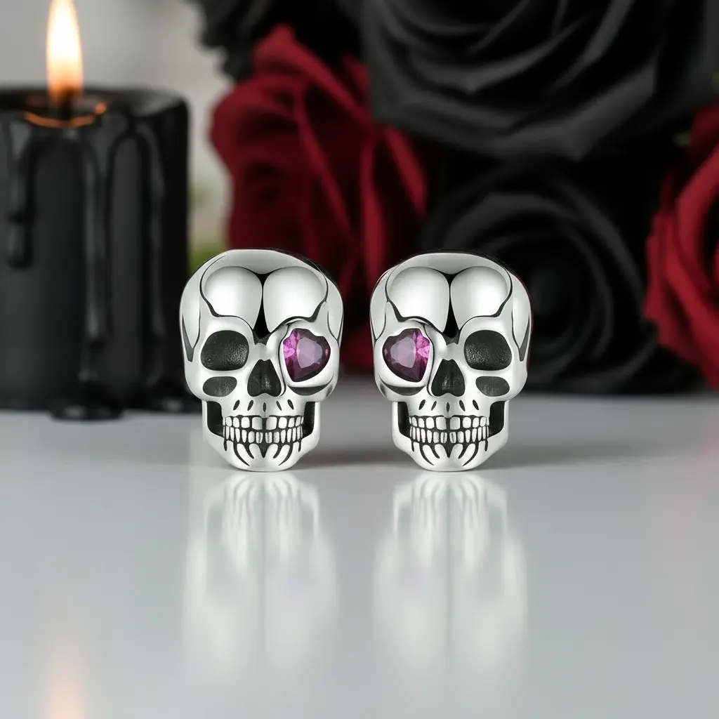 Cool Skull Pink Heart-shaped Diamond Option Stud Earrings