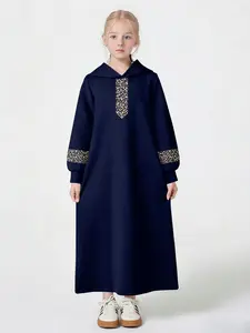 Elegant Blue Spotted Girls' Sunday Dress, Asymmetrical Design, Long Sleeve, Loose-Fitting, All over Print, Casual Style, All Seasons