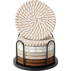 Coasters Set of 8 for Drinks, Beer, Coffee, Cotton Woven Absorbent Coaster with Holder, Boho Coasters for Home Decor Tabletop Protection Suitable for Kinds of Cups, Coffee