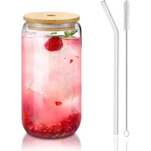 Coffee Cups with Lids 16oz Glass Cups with Straws and Bamboo Lids for Iced Tea Beer Water Tumblers Kitchenware Reusable Drinkware Set BPA-Free Lead-Free Dishwasher Safe Stylish Fruit Juice Cups Tableware Sets Stock Up Christmas Gift