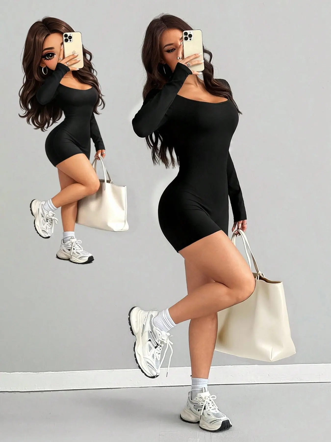 Women's Square Neck Long Sleeve Basic Romper, Elastic Slim Fit, Elastic Material, High Waist Design, Casual Street Style, Chic, Perfect for Daily Wear, Parties, Vacations