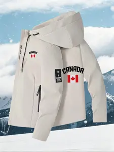 Canada Flag Theme Outdoor Windproof Hooded Jacket for Men, Fall Winter Casual Sportswear, Slim-Fitting Random Print Flying Jacket