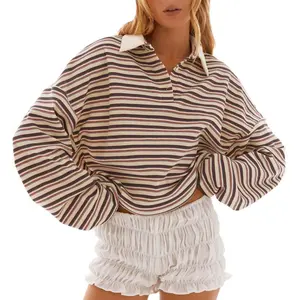 Women's striped rugby shirt long sleeved oversized lapel sweatshirt for girls loose neck pullover
