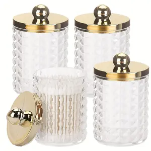 3 /4 Pcs Qtip Holder Dispenser for Cotton Ball, Cotton Swab, Cotton Round Pads, Floss Picks - 10 oz Plastic Apothecary Jar Set for Bathroom Heavy Duty Canister Storage Organization, Plastic Kitchen Canisters, Golden Lids, Organiser