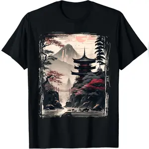 Vintage Japanese Flower Tee Mountain View Landscape Graphic T-Shirt Relaxed Fit Cotton T-Shirt