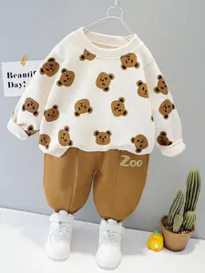 2PCS Baby Toddler Cute Cartoon Bear Head Round Neck Long Sleeve Set, Baby Clothing, Boys Girls Gift Sets Two-Piece, Comfortable and Stylish