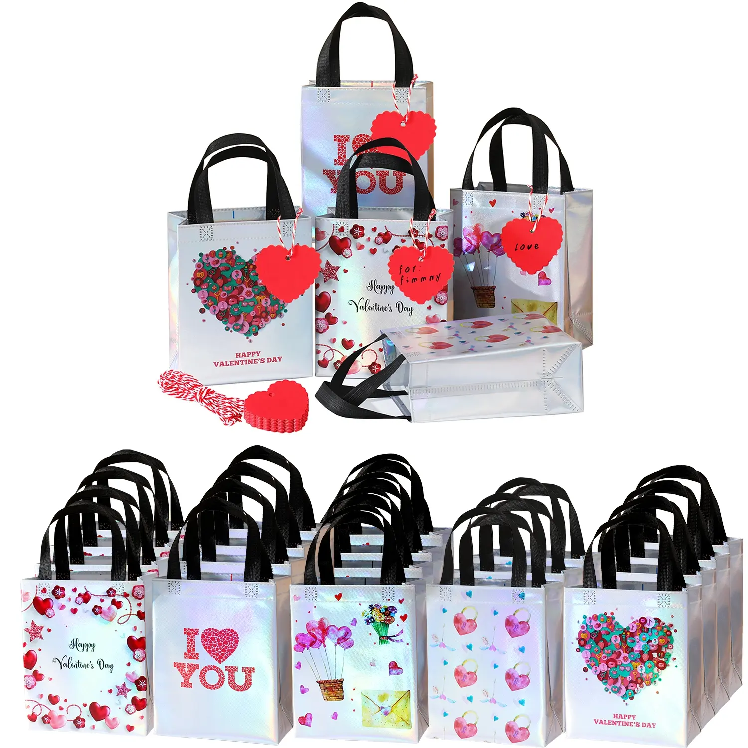 20 Valentine's Day Gift Bags with Shiny Heart Labels, Reusable Glossy Medium Gift Bags 8x4x10 Inches, Perfect for February 14th