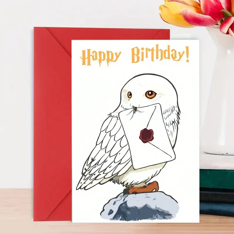 1 Piece - "Harry Potter Hedwig" Birthday Card | Iconic White Owl (With Letter) Illustration, Warm "Happy Birthday" Typography, Nostalgic Wizarding Theme, Premium Paper + Stylish Red Envelope. Perfect Magical Gift—A Nostalgic, Charming Keepsake for Potter