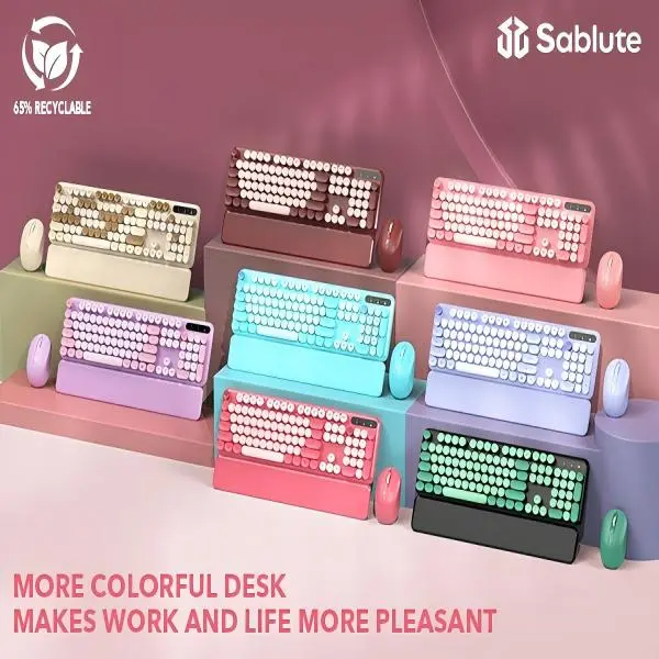 SABLUTE CK23 Retro Typewriter USB Keyboard with Round Keycaps, Full-Size Keyboard with Detachable Wrist Rest, 2.4GHz (Non-Bluetooth) - Office Accessories, Fun Desk Supplies for Computers