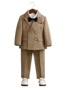 Boys Khaki 4-Piece Suit Set (Blazer + Vest + Trousers + Bow Tie) - Double-Breasted Design, Premium Wrinkle-Resistant & Breathable Fabric, All-Day Comfort, Ideal for Weddings, Birthdays, Graduations, Parties (Shirt Not Included)--XT8620